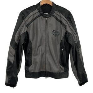 Harley‎ Davidson Gray Black Leather Moto Biker Jacket Mens Large Zip Up